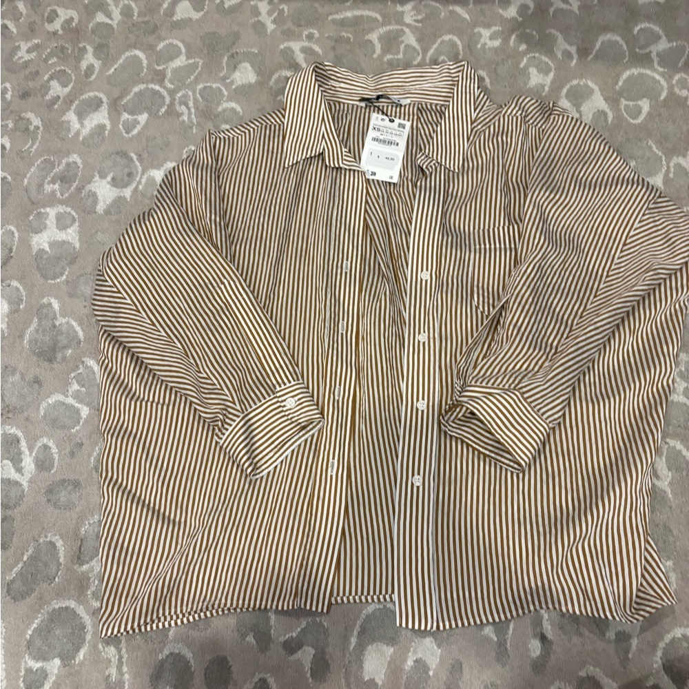 Zara Brown and White Striped Button Down Shirt